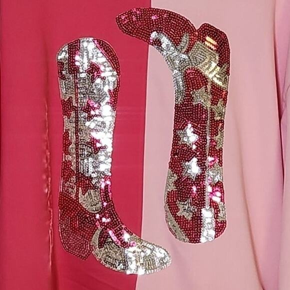 Sequin Cowgirl Boots Pink Sweatshirt, Size Large - Picture 4 of 9